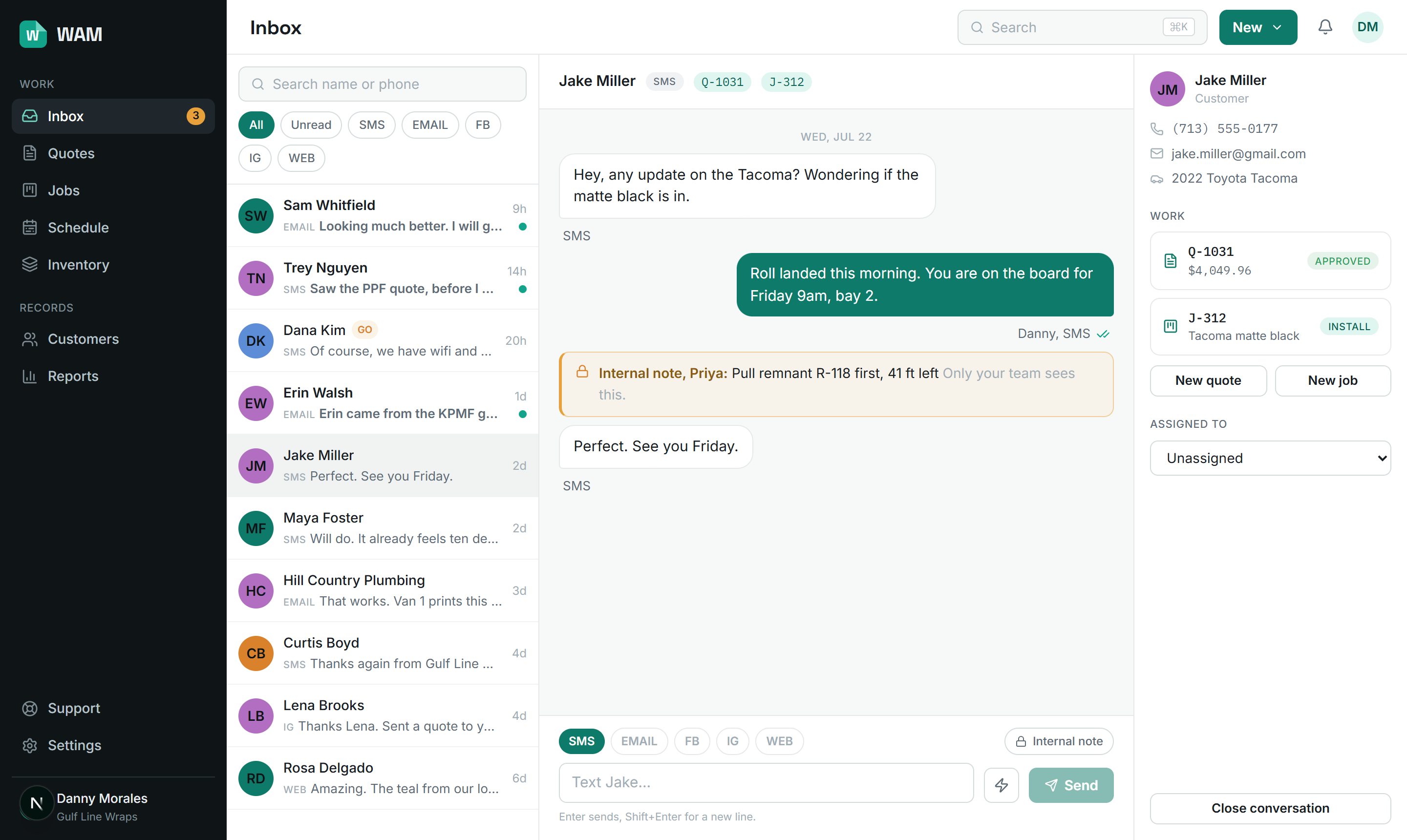 The WAM inbox with a customer conversation and an internal note