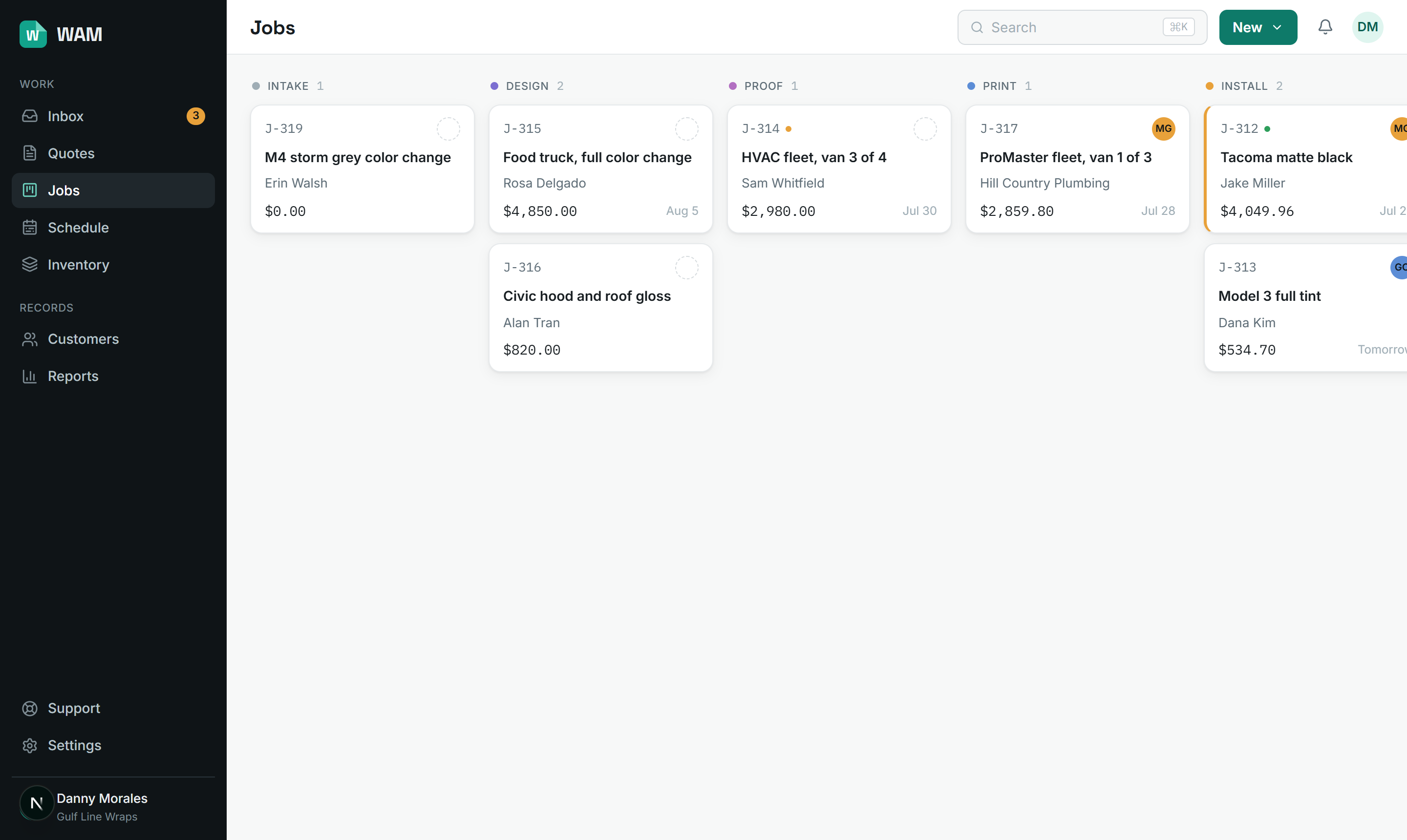 The WAM jobs board with jobs moving from intake to done