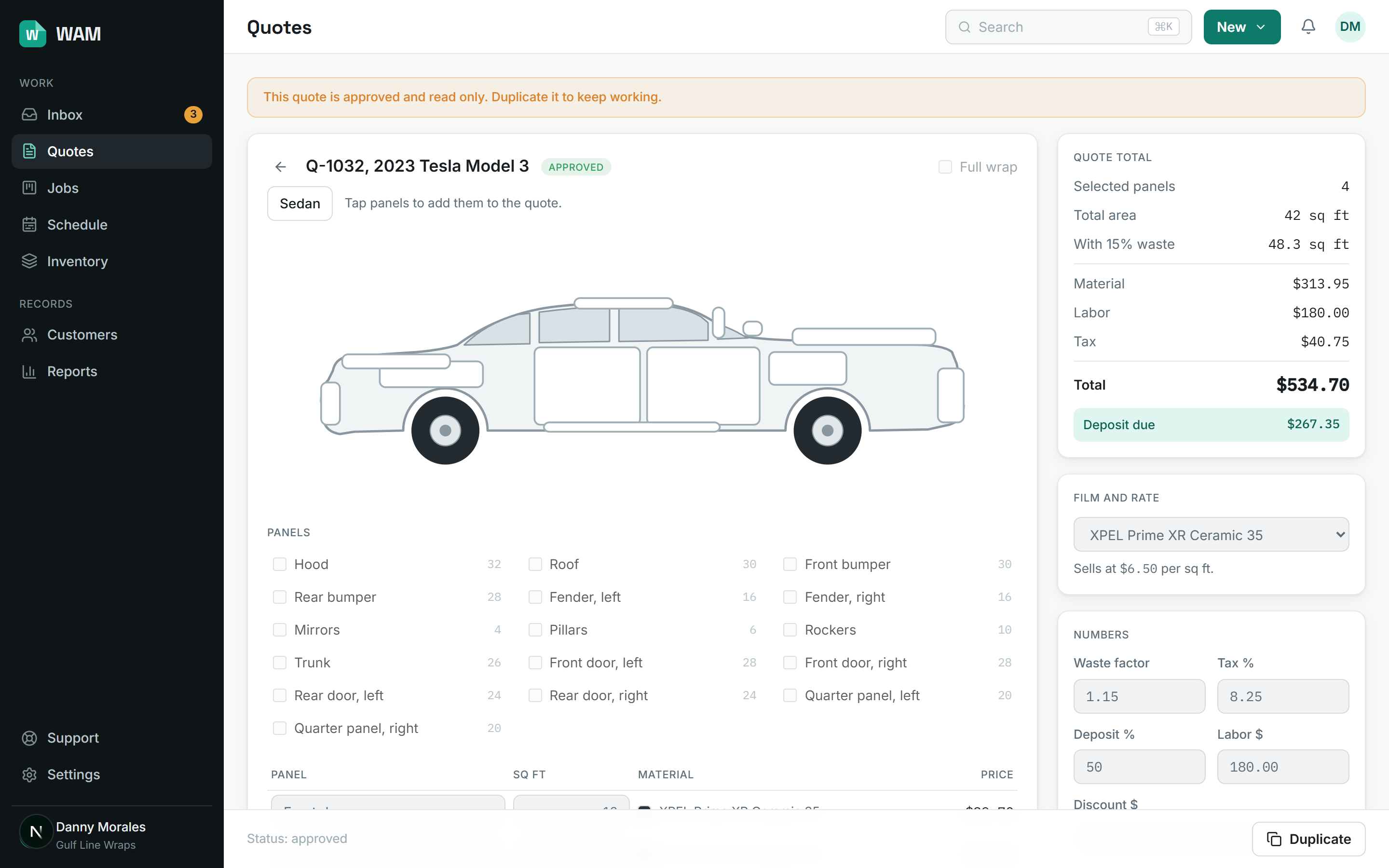 The WAM quote builder with a vehicle panel picker and live totals