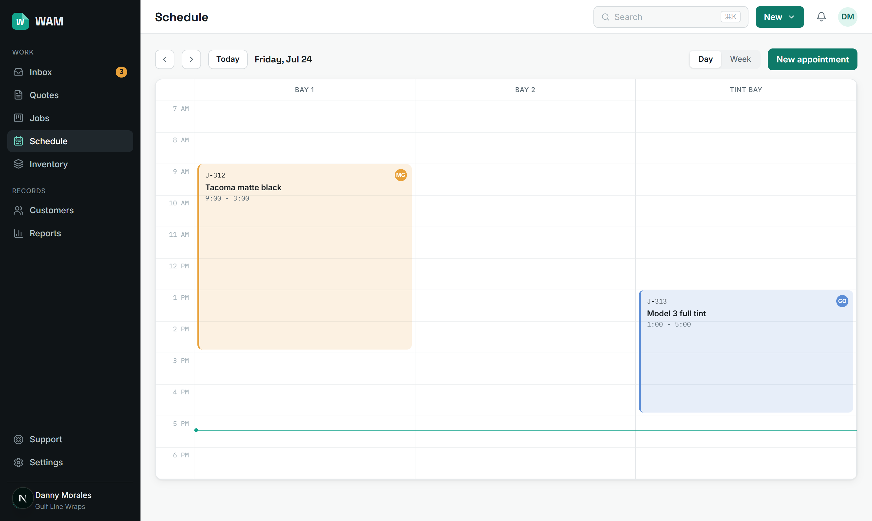 The WAM schedule with installs blocked by bay
